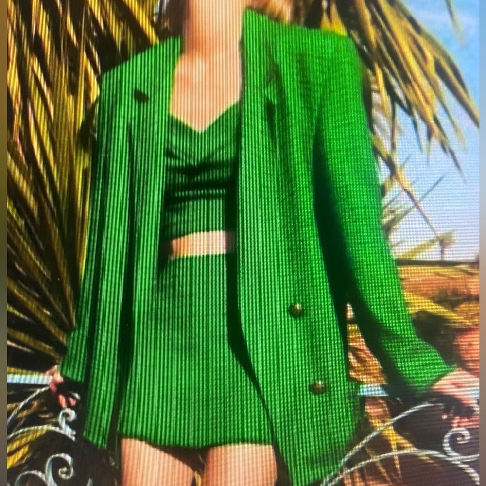 Zara Green Tweed-textured oversized blazer